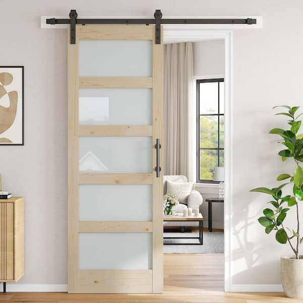 30 in. x 84 in. 5 Lite Frosted Glass Tan Unfinished Spruce Wood Assembly Required Sliding Barn Door with Hardware Kit