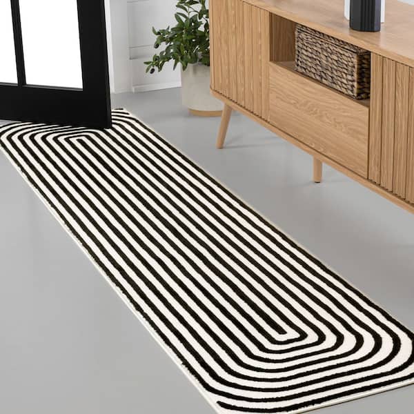 Freya Modern Scandinavian Arch Stripe Monotone High-Low Black/White 2 ft. x 8 ft. Runner Rug