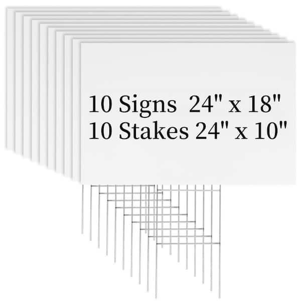 10 Pack 18 x 24 Inch White Corrugated Plastic Waterproof Yard Sign with Metal H-Stakes for Outdoor Use