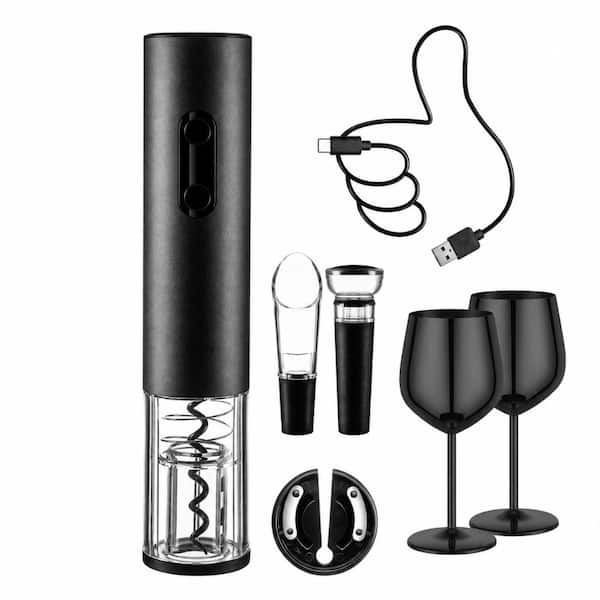6-Piece Electric Automatic Corkscrew Wine Opener Set with 2 Stainless Steel Rose Gold Wine Goblets Kit