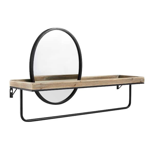 Linon Home Decor Yantis 17.25 in. H x 28.75 in. W Oval Framed Black Off Center Mirror and Wall Shelf