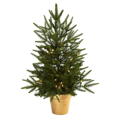 2.5 ft. Artificial Christmas Tree with Golden Planter and Clear Lights