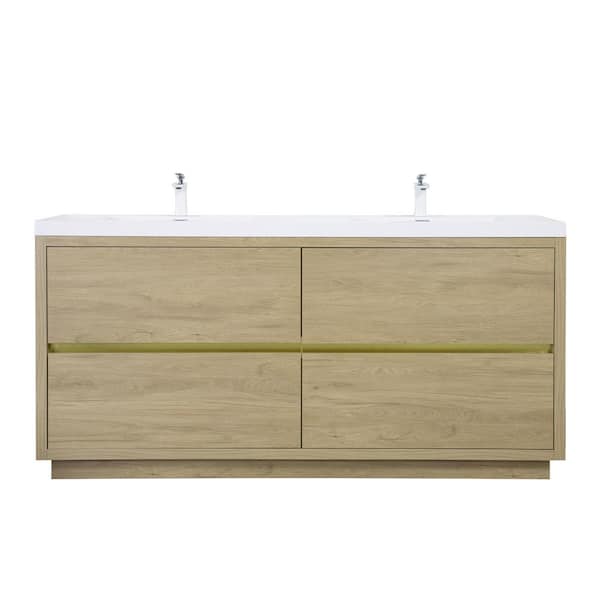 72 in. Freestanding Bath Vanity in Natural Oak with Double Solid Surface Sink Top in White