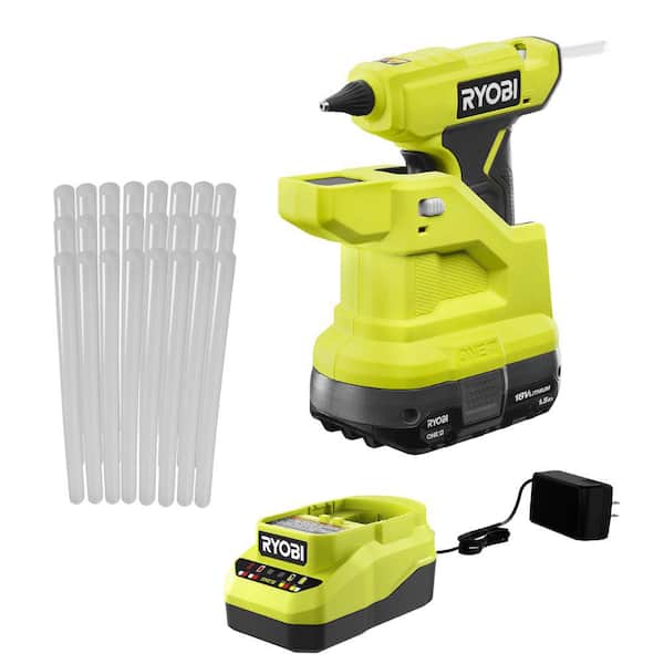 RYOBI ONE+ 18V Cordless Compact Glue Gun Kit with 1.5 Ah Battery, Charger, and Mini Size Glue Sticks (24-Piece)