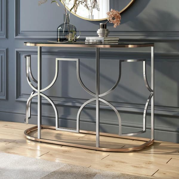 Tuba 42 in. Chrome and Gold Half-Circle Glass Console Table