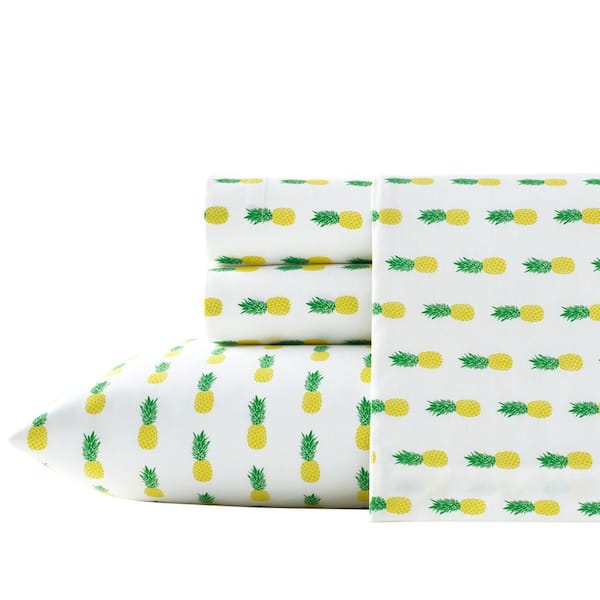 Poppy & Fritz Pineapples 3-Piece Yellow and Green Graphic 200-Thread Count Cotton Percale Twin XL Sheet Set