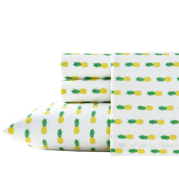 Poppy & Fritz Pineapples 4-Piece Yellow and Green Graphic 200-Thread Count Cotton Percale Full Sheet Set