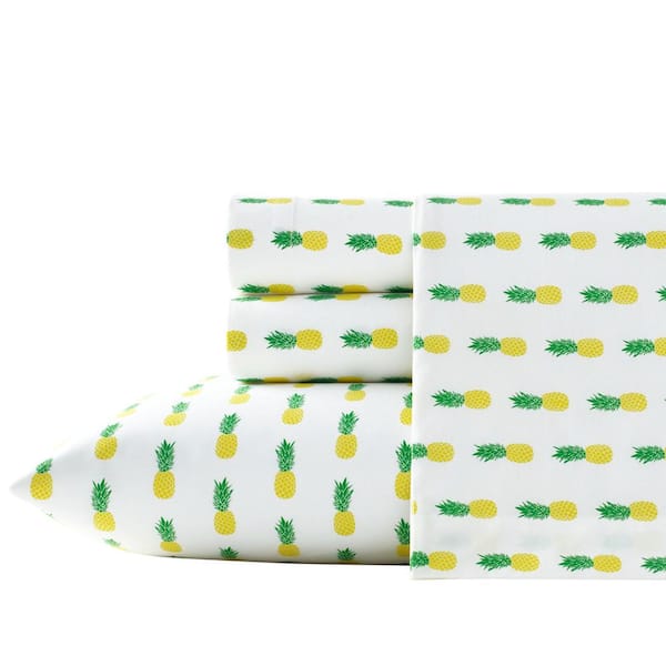 Poppy & Fritz Pineapples 4-Piece Yellow and Green Graphic 200-Thread Count Cotton Percale Queen Sheet Set