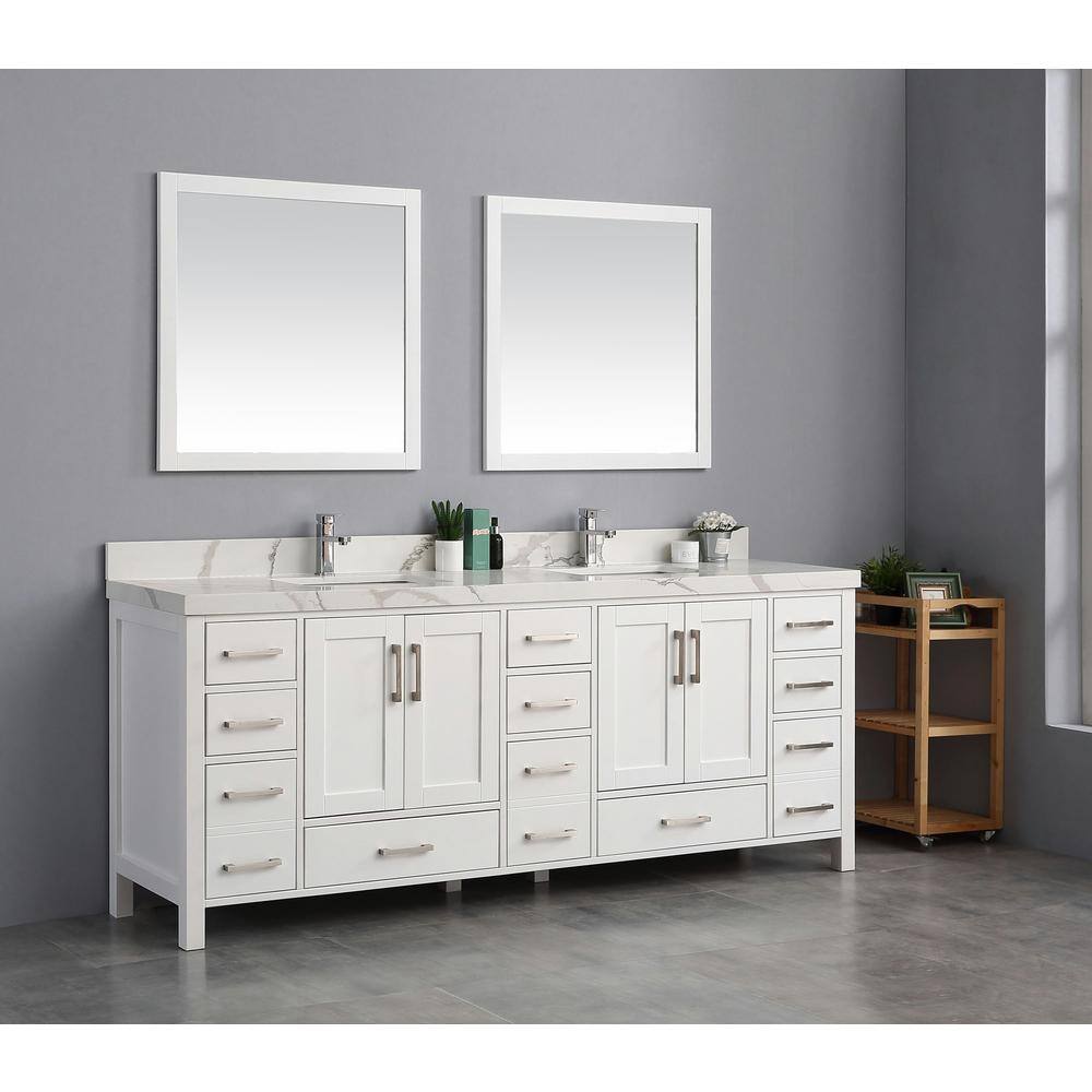 Malibu 84" White Solid Wood Double Sink Vanity with Carrara Marble Top