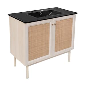 Classe 36 in. W Bathroom Vanity in White Oak with Black, 3-Hole Ceramic Sink Top