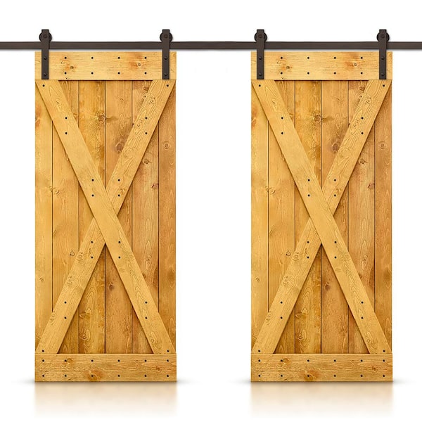 CALHOME 72 in. x 84 in. X Series Colonial Maple Stained DIY Solid Pine Interior Double Sliding Barn Door With Hardware Kit