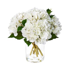 12in Faux White Hydrangeas Fake Flowers Artificial Silk Hydrangea Flower With Vase for Home decor