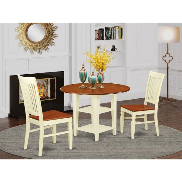 East West Furniture 3-Piece Buttermilk and Cherry Finish Round Solid Wood Top Dining Table Set
