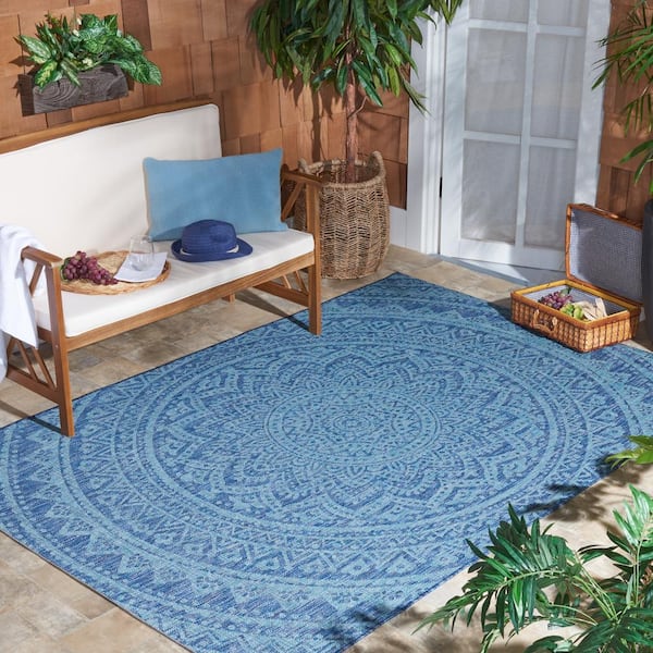 Courtyard Navy/Aqua 2 ft. x 4 ft. Medallion Indoor/Outdoor Area Rug