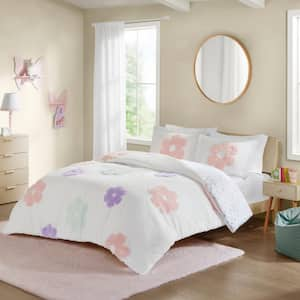 Madeline 2-Piece White/Purple Polyester Twin Floral Reversible Tufted Chenille Duvet Cover Set