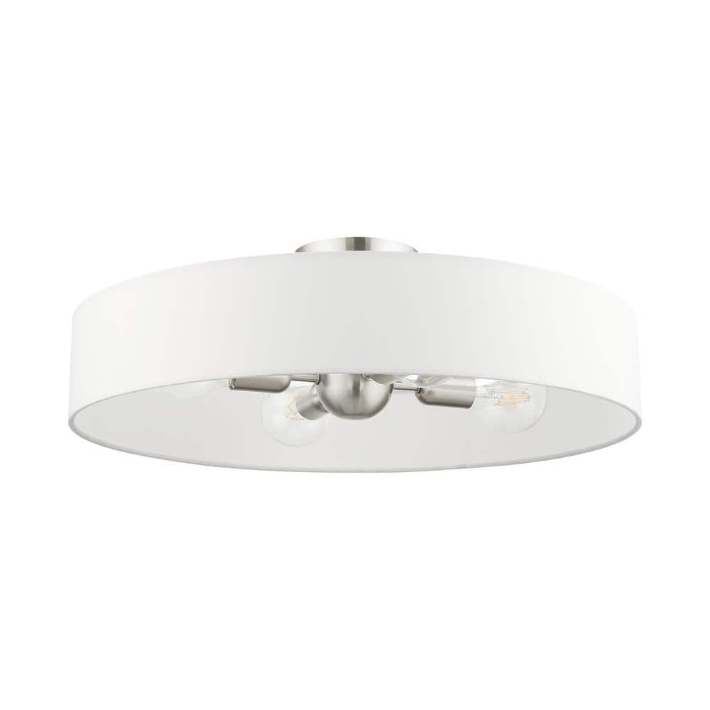 Sophisticated Brushed Nickel 4-Light Indoor/Outdoor Drum Pendant with Off-White Fabric Shade
