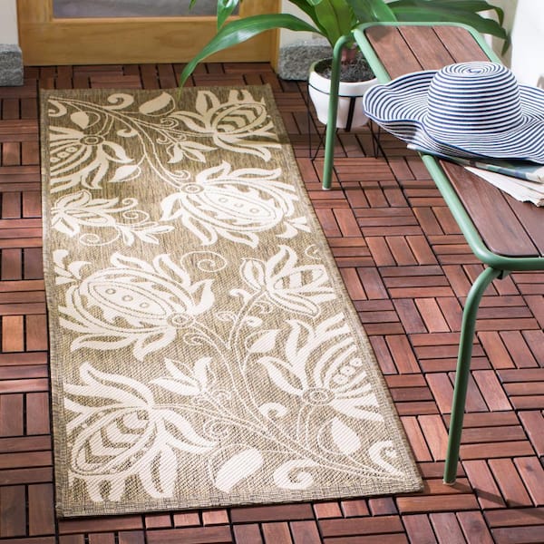 Courtyard Brown/Natural 2 ft. x 12 ft. Border Indoor/Outdoor Patio  Runner Rug