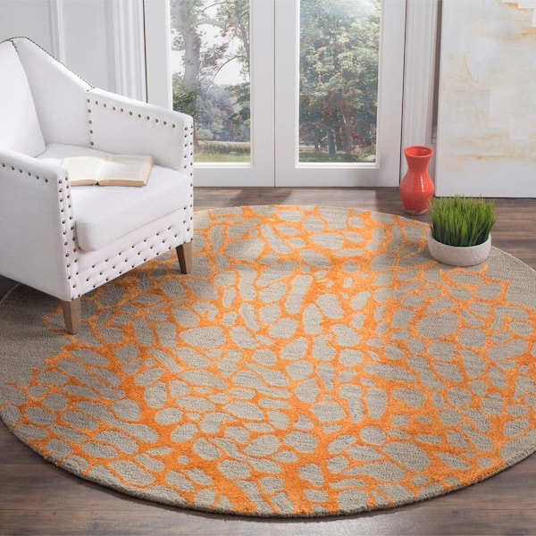 Blossom Gray/Orange 4 ft. x 4 ft. Geometric Round Area Rug