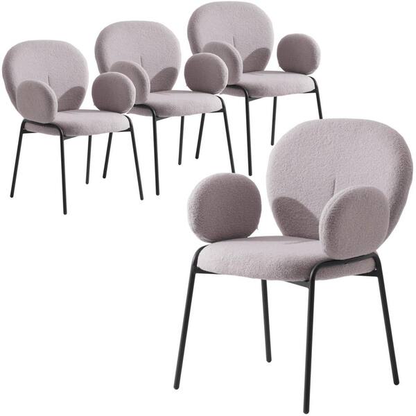 Leisuremod Celestial Modern Boucle Dining Chair Upholstered Seat and Back with Arms and Black Iron Frame Set of 4, Grey