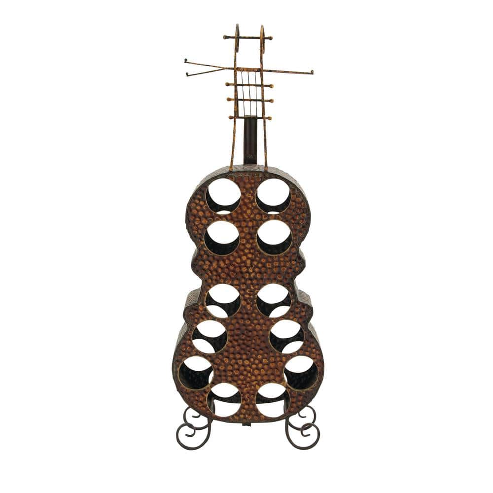 Antique Brass Cello Shaped Metal Wine Rack with Leaf Pattern