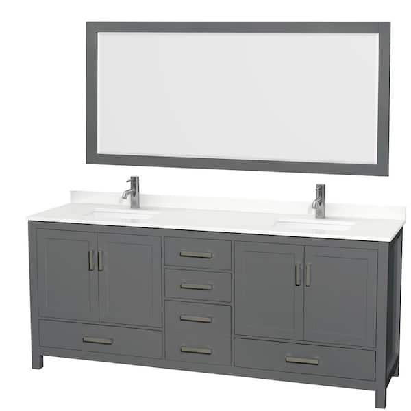 Wyndham Collection Sheffield 80 in. W x 22 in. D x 35 in. H Double Bath Vanity in Dark Gray with White Quartz Top and 70 in. Mirror