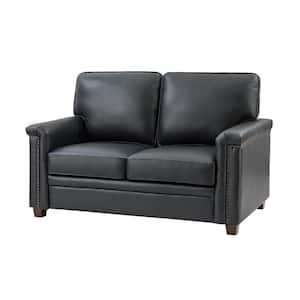 Samuel 56 in. Wide Black Leather Rectangle 2-Seat Sofa with Solid Wooden Legs