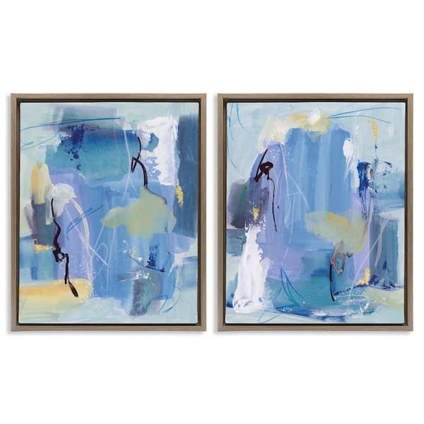Stupell Industries Blue Abstract with Yellow by Melissa Wang 2 Pieces Brown Floater Frame Abstract Graphic Art Print 21 in. x 17 in.