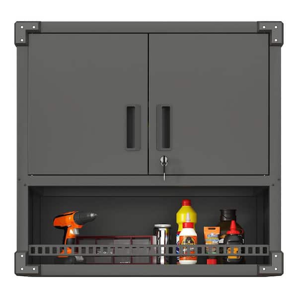 Unbranded 31.5 in. W x 30.3 in. H Metal Wall-Mounted Tool Storage Cabinet with Locking Door Adjustable Shelf Open Drawer in Black