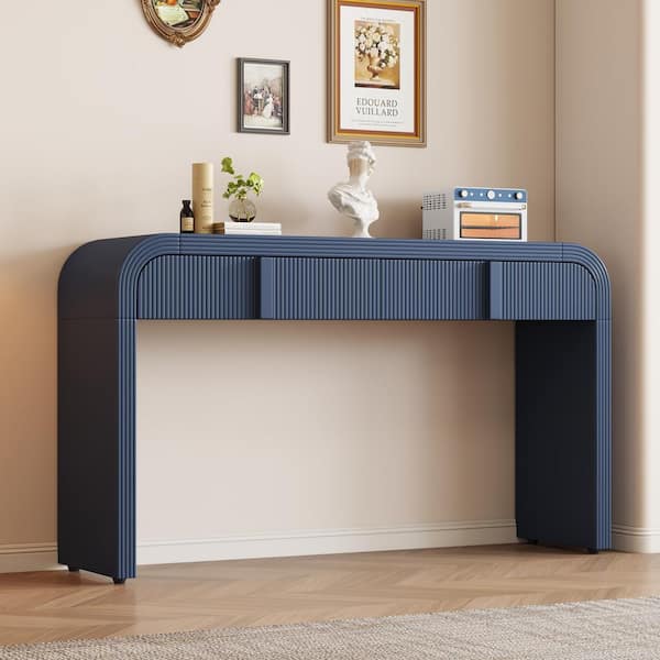Harper & Bright Designs Stripe Design 55 in. Navy Blue Specialty Filleted Corner MDF Console Table with Adjustable Foot Pads and 2 Drawers