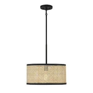 16 in. W x 16 in. H 1-Light Natural Cane and Matte Black Standard Pendant Light with Natural Cane Shade