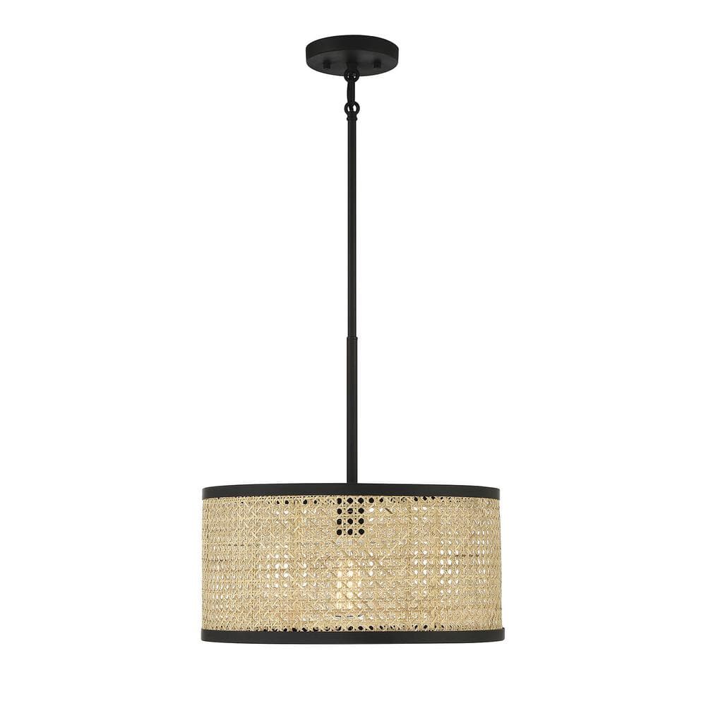 Mid-Century Modern Natural Cane & Matte Black 1-Light Pendant