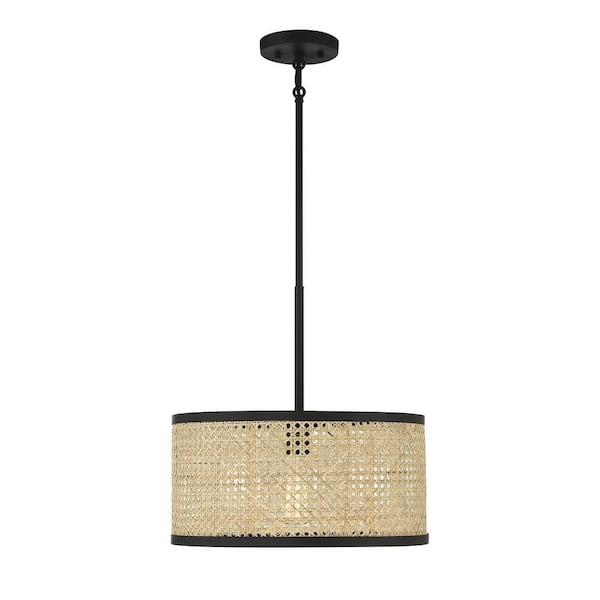 TUXEDO PARK LIGHTING 16 in. W x 16 in. H 1-Light Natural Cane and Matte Black Standard Pendant Light with Natural Cane Shade