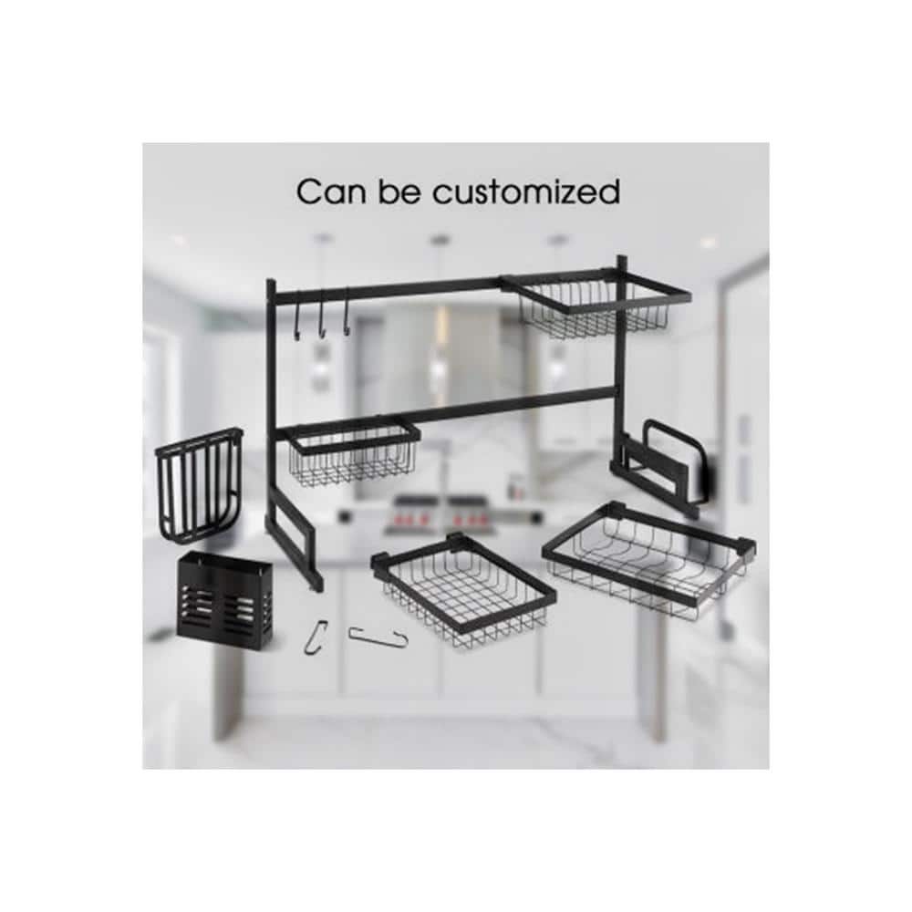 Black Powder-Coated Metal Over-the-Sink Dish Rack with Utensil Cup