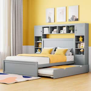 Gray Wood Frame Full Size Platform Bed with All-in-One Cabinet, Multiple Shelves, Cabinets, Twin Trundle, USB, Drawers
