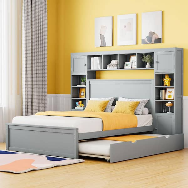 Harper & Bright Designs Gray Wood Frame Full Size Platform Bed with All-in-One Cabinet, Multiple Shelves, Cabinets, Twin Trundle, USB, Drawers