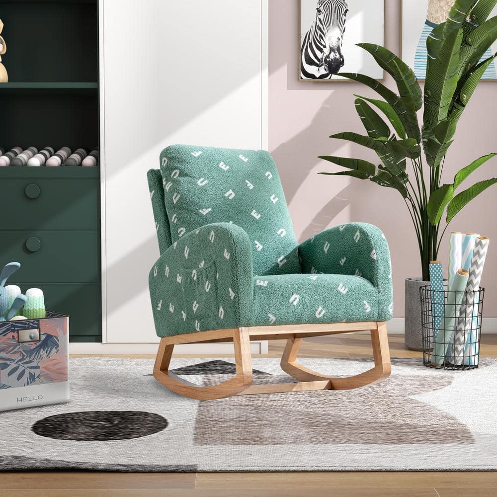 Plins Green Modern Upholstered Boucle Rocking Accent Chair with Side Pocket, Star Design