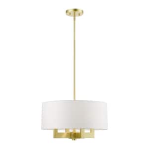 Cresthaven 4-Light Satin Brass Pendant Chandelier with Off-White Fabric Shade