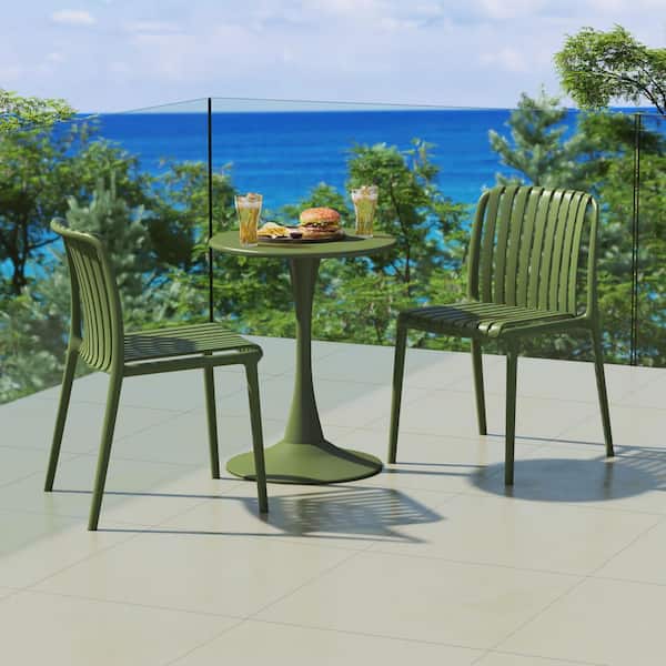 Frond and Form Outdoor Patio Stacking Poly Plastic Slatted Dining Side Chair (Set of 2), Olive Green