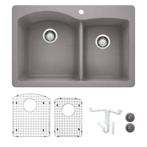 Diamond 33 in. Drop-in/Undermount Double Bowl Metallic Gray Granite Composite Kitchen Sink Kit with Accessories