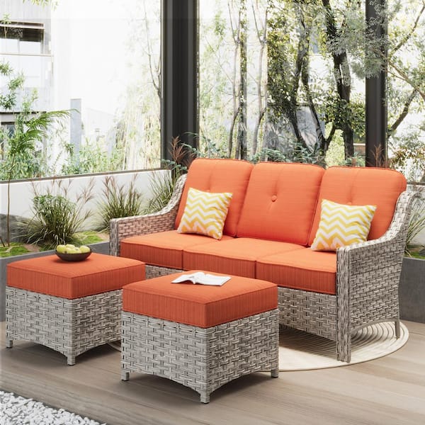 Toject Eureka Grey 3-Piece Modern Wicker Outdoor Patio Conversation Sofa Seating Set with Orange Red Cushions
