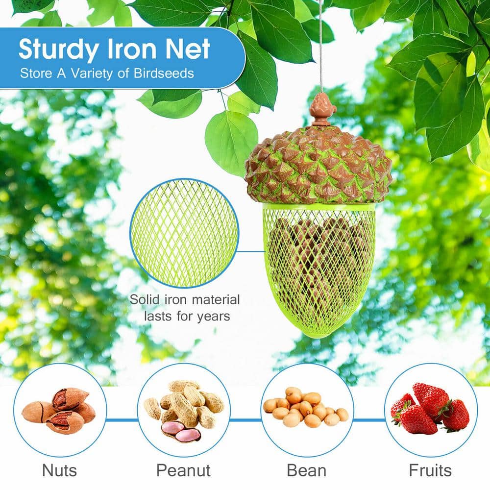 Brown and Green Resin Iron Mesh Hanging Acorn Bird Feeder