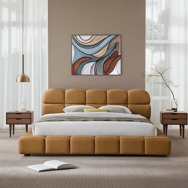 Olympia Tan Brown Wood Frame Biscuit-Tufted Contemporary King Size Platform Bed