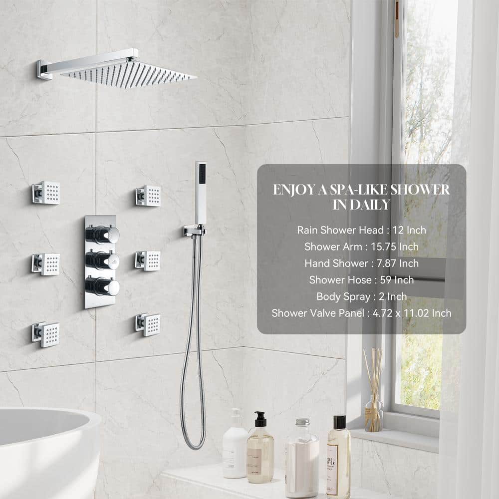 Chrome Dual Square Wall Mounted Shower System with Handheld and Body Jets
