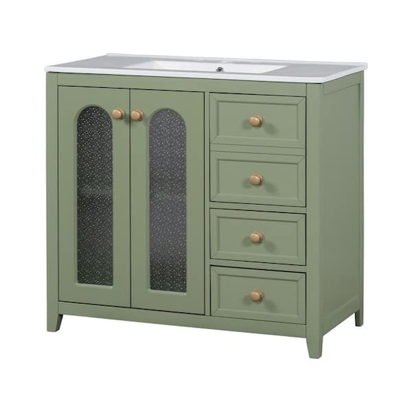Corlix 36 in.Modern Freestanding Green Bathroom Vanity with White Ceramic Top, Doors, Drawers, Wood