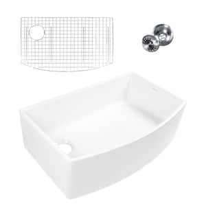 Bradstreet II 33 in. Apron Front Bow Front Undermount Single Bowl Crisp White Fireclay Kitchen Sink with Grid and Drain