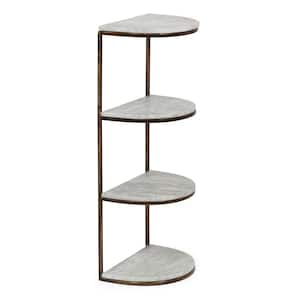 Brockton 33.5 in. Natural White and Antique Brass Marble 4-Shelf Half Round Etagere Bookcase