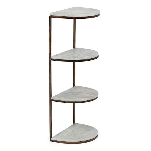 Noble House Brockton 33.5 in. Natural White and Antique Brass Marble 4-Shelf Half Round Etagere Bookcase