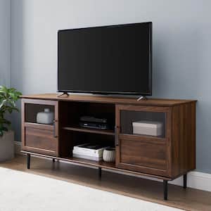 58 in. Dark Walnut Composite TV Stand Fits TVs Up to 64 in. with Storage Doors