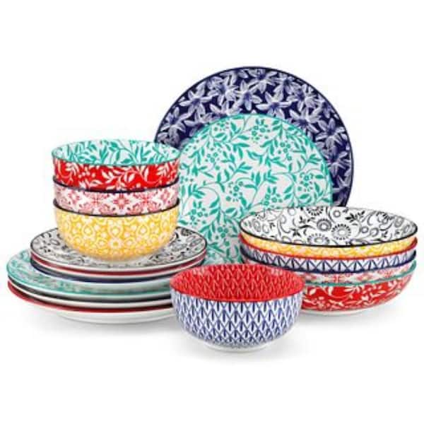 16-Piece Multi-colored Porcelain Dinnerware Set Service for 4 Floral Pattern Dishware Plates Soup Bowls and Cereal Bowls