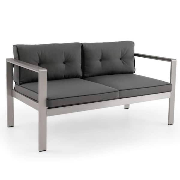 Costway Aluminum Outdoor Loveseat Sofa Patio Chair with WPC Armrests and Cushions Backyard and Gray Cushion